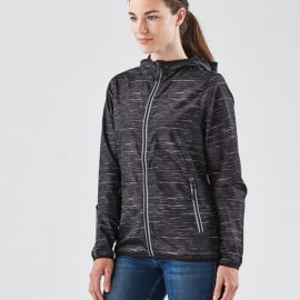 The Stormtech Womens Ozone Lightweight Shell has an elasticised hood, cuffs and hem. Great for mild environments. Waterproof resistant up to 600m. In Carbon.