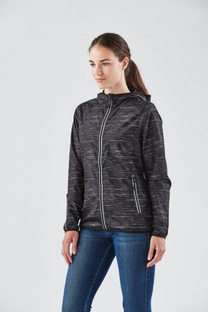 The Stormtech Womens Ozone Lightweight Shell has an elasticised hood, cuffs and hem. Great for mild environments. Waterproof resistant up to 600m. In Carbon.