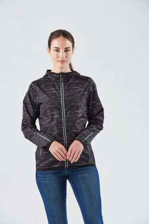 image_6 The Stormtech Womens Ozone Lightweight Shell has an elasticised hood, cuffs and hem. Great for mild environments. Waterproof resistant up to 600m. In Carbon.