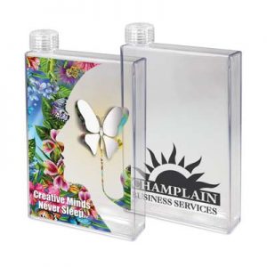 The Trends Notebook Water Bottle is a 500ml water bottle with screw on lid shaped like a notebook.  Full colour print.  Branded water bottles.