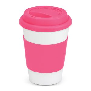 The Trends Collection Aztec Coffee Mug is a 350ml ceramic coffee mug with silicone band and push on lid. White mug with 12 colour options for the band.