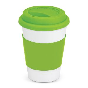 The Trends Collection Aztec Coffee Mug is a 350ml ceramic coffee mug with silicone band and push on lid. White mug with 12 colour options for the band.