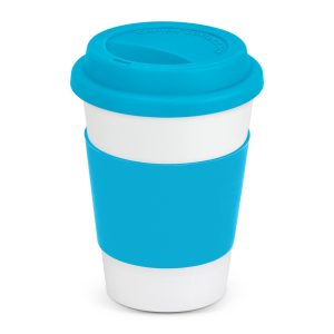 The Trends Collection Aztec Coffee Mug is a 350ml ceramic coffee mug with silicone band and push on lid. White mug with 12 colour options for the band.