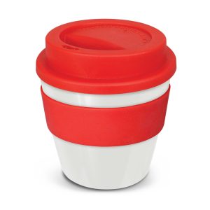 The Trends Collection Express Cup Classic is a 230ml reusable coffee cup with a secure screw on lid with silicone band.  Lid and Band mix n match.  Branded coffee cups.