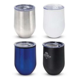 The Trends Collection Cordia Cup is a smart 350ml double wall coffee cup.  5 colours.  Push on lid.  Great branded stainless steel reusable cups.