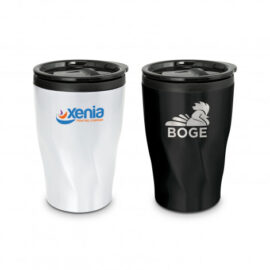 The Trends Tornado Coffee Cup is a 400ml double wall coffee cup. Radical twist pattern stainless steel. Great branded reusable coffee cups.
