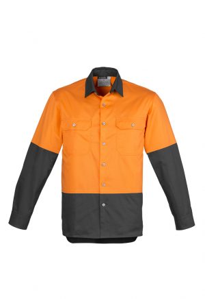 The Syzmik Mens Hi Vis Spliced Industrial Shirt is 100% cotton drill shirt.  Large chest pockets.  4 colours.  Great Syzmik team workwear.