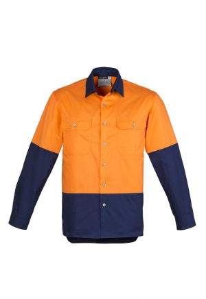 The Syzmik Mens Hi Vis Spliced Industrial Shirt is 100% cotton drill shirt.  Large chest pockets.  4 colours.  Great Syzmik team workwear.