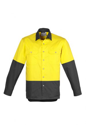 The Syzmik Mens Hi Vis Spliced Industrial Shirt is 100% cotton drill shirt.  Large chest pockets.  4 colours.  Great Syzmik team workwear.