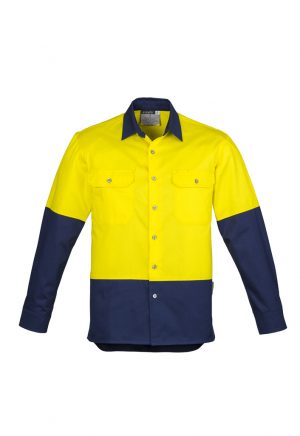 The Syzmik Mens Hi Vis Spliced Industrial Shirt is 100% cotton drill shirt.  Large chest pockets.  4 colours.  Great Syzmik team workwear.