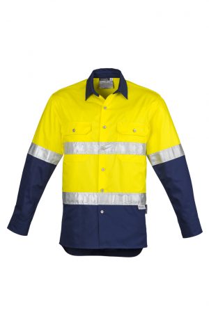 The Syzmik Mens Hi Vis Spliced Industrial Shirt is a hoop taped cotton twill hi vis shirt.  S - 7XL.  2 colours.  Great branded Syzmik workwear.