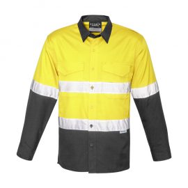 Syzmik Mens Rugged Cooling Taped Hi Vis Spliced Shirt is a square weave cotton riptop shirt.  Mesh venting & mechnical stretch. Reflective tape, 4 colours