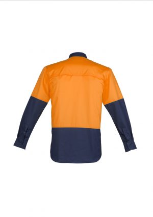 The Syzmik Mens Hi Vis Closed Front Long Sleeve Shirt is a 170gsm cotton twill shirt.  Mesh vents & 2 chest pockets.  Half buttoned.  Great hi vis work shirts.