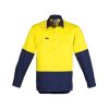 The Syzmik Mens Hi Vis Closed Front Long Sleeve Shirt is a 170gsm cotton twill shirt.  Mesh vents & 2 chest pockets.  Half buttoned.  Great hi vis work shirts.