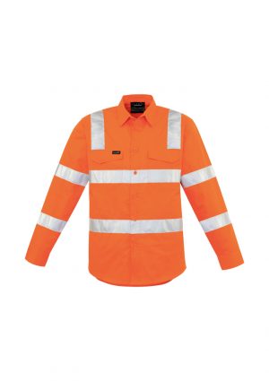 The Syzmik Mens Bio Motion Vic Rail Shirt is a 150gsm lightweight cotton twill shirt.  In Orange.  Bio motion taping on arm.  Chest pockets and mesh vents.