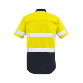 The Syzmik Mens Rugged Cooling Taped Hi Vis Spliced Shirt is a square weave cotton riptop shirt.  Mesh venting and mechnical stretch.  Reflective tape.  4 colours.