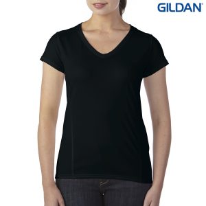 The Gildan Performance Ladies V-Neck Tech T-Shirt is a semi fitted, polyester ladies tee.  XS - 3XL.  7 colours.  Great branded performance tees from Gildan.