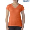 The Gildan Performance Ladies V-Neck Tech T-Shirt is a semi fitted, polyester ladies tee.  XS - 3XL.  7 colours.  Great branded performance tees from Gildan.