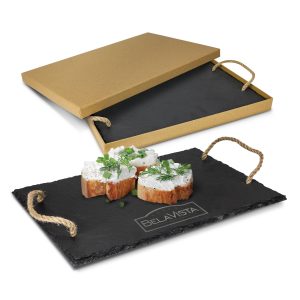 The Trends Collection Slate Serving Board is a deluxe natural slate serving board.  Hemp rope handles.  Laser engraved.  Great branded serving boards.