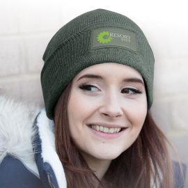 The Trends Collection Everest Beanie with Patch is a warm knitted acrylic beanie with roll up cuff.  4 colours.  Great branded beanies with printed patch.