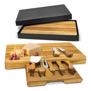 The Trends Collection Montgomery Cheese Board is a luxury acacia cheese board with drawer.  3 cheese knives and fork.  Laser Engraved.  Great corporate gifts.