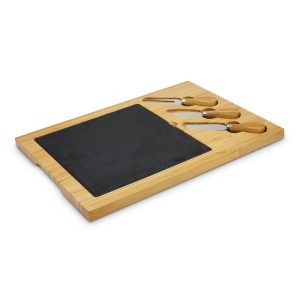 The Trends Collection Slate Cheese Board is a luxury  bamboo cheese board with slate insert.  2 cheese knives and fork.  Laser Engraved.  Great corporate gifts.