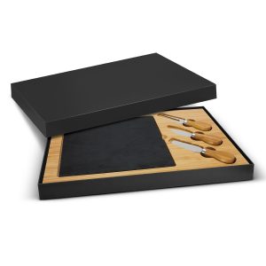The Trends Collection Slate Cheese Board is a luxury  bamboo cheese board with slate insert.  2 cheese knives and fork.  Laser Engraved.  Great corporate gifts.
