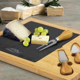 The Trends Collection Slate Cheese Board is a luxury bamboo cheese board with slate insert. 2 cheese knives and fork. Laser Engraved. Great corporate gifts.