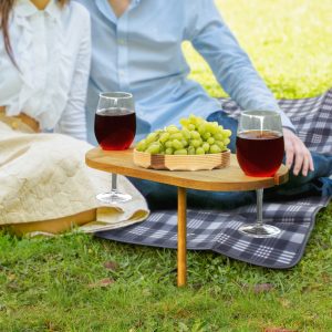 The Trends Collection Outdoor Wine Table is a unique 2 person wine table.  Acacia Wood.  Laser Engraved.  Great corporate gifts for your clients.