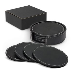 The Trends Brooklyn Coaster Set is a set of 4 coasters. PU Leather with white stitching. Multiple branding options. Great custom coaster sets.