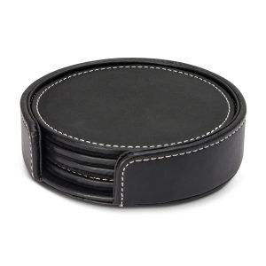 The Trends Collection Brooklyn Coaster Set is a set of 4 coasters. PU Leather with white stitching. Multiple branding options. Great custom coaster sets.