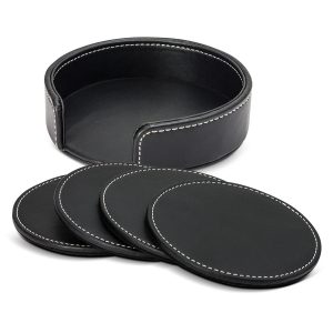 The Trends Collection Brooklyn Coaster Set is a set of 4 coasters. PU Leather with white stitching. Multiple branding options. Great custom coaster sets.