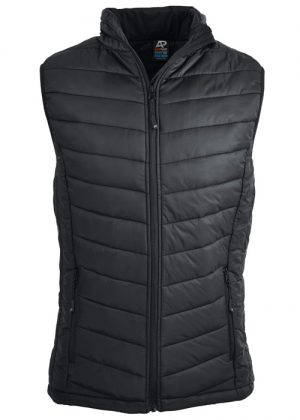 The Aussie Pacific Ladies Snowy Puffer Vest is a nylon/polyester puffer vest.  8 - 22.  Black or Navy.  Mens available.  Great option for winter puffer vests.