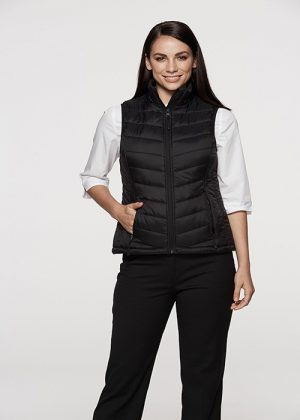 The Aussie Pacific Ladies Snowy Puffer Vest is a nylon/polyester puffer vest.  8 - 22.  Black or Navy.  Mens available.  Great option for winter puffer vests.