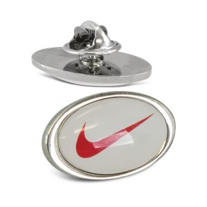 110913 Trends Collection Altura Lapel Pin Oval - Promotrenz The Trends Collection Altura Lapel Pin Oval is a oval shaped lapel bin badge. Full colour branding. Badge in Silver. Great branded custom printed badges.