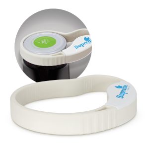 The Trends Collection Jar and Bottle Opener is a simple but effective jar and bottle opener.  In White.  Printed.  Great branded practical promo products.