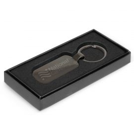 The Trends Collection Taurus Key Ring is a metal key ring with gunmetal plated finish on both sides.  Gunmetal.  Great branded promo key rings.