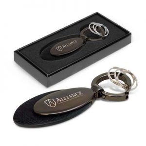 The Trends Caprice Key Ring is a premium leather and metal key ring with spring loaded release clip. Gunmetal. Great branded promo key rings.