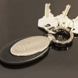 The Trends Caprice Key Ring is a premium leather and metal key ring with spring loaded release clip. Gunmetal. Great branded promo key rings.