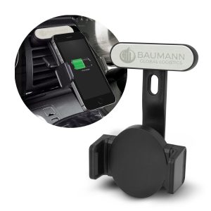 The Trends Collection Zamora Wireless Charging Phone Holder is a unique spring loaded car phone holder.  Black.  Great branded wireless charging phone holders.