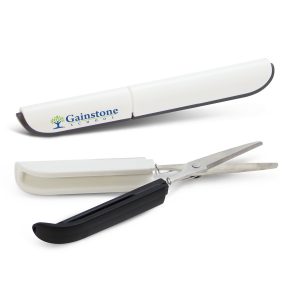 112561 Trends Collection Compact Scissors The Trends Collection Compact Scissors is a handy set of scissors. Compact case. Branding on scissors and case. Great branded practical stationery products.