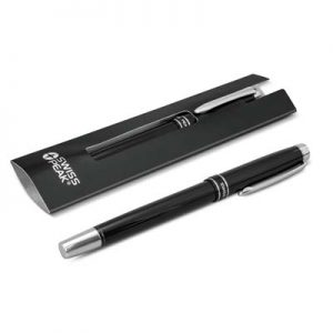 The Swiss Peak Heritage Rollerball Pen is a lacquer finished brass barrel pen with shiny chrome accents. Blue ink. Print or engraving available. Ideal corporate pen.
