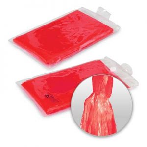 The TRENDS Emergency Poncho is a handy waterproof poncho with hood that folds into a compact resuable bag.  Domed closure. Branding on bag.