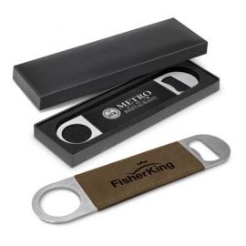The TRENDS Ballantyne Bottle Opener is a classic stainless steel bottle opener with unique leather look PU grip.  Engraves with your logo.  