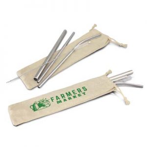 The TRENDS Stainless Steel Straw Set is a set of reusable stainless steel straws in a cotton drawstring bag.  Branding on the bag.