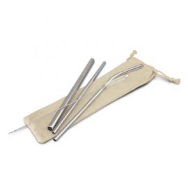 The TRENDS Stainless Steel Straw Set is a set of reusable stainless steel straws in a cotton drawstring bag.  Branding on the bag.