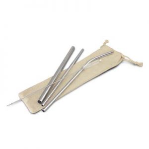 The TRENDS Stainless Steel Straw Set is a set of reusable stainless steel straws in a cotton drawstring bag.  Branding on the bag.