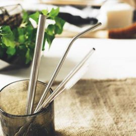 The TRENDS Stainless Steel Straw Set is a set of reusable stainless steel straws in a cotton drawstring bag.  Branding on the bag.