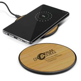 The TRENDS Bamboo 5w Wireless Charger is a trendy wireless charger.  Charges devices.  Natural bamboo finish.  Multiple branding options.