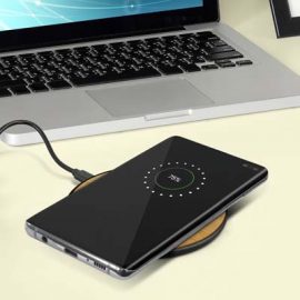 The TRENDS Bamboo 5w Wireless Charger is a trendy wireless charger.  Charges devices.  Natural bamboo finish.  Multiple branding options.